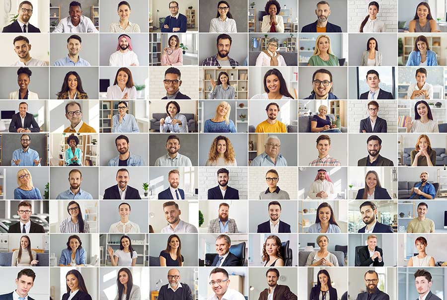 Image of many headshots of people from all over the world, different ethnicity, genders and age. 