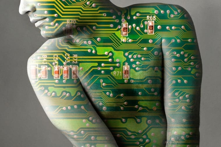 Human body with electronic circuitry on their skin